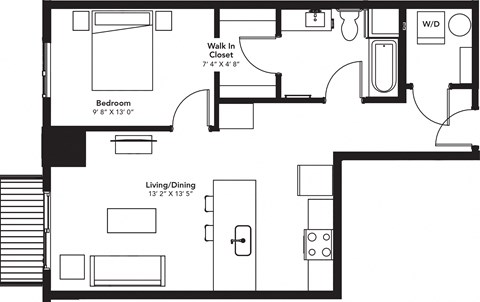 Floor plan for 1 bed, 1 bath, 727 sqft